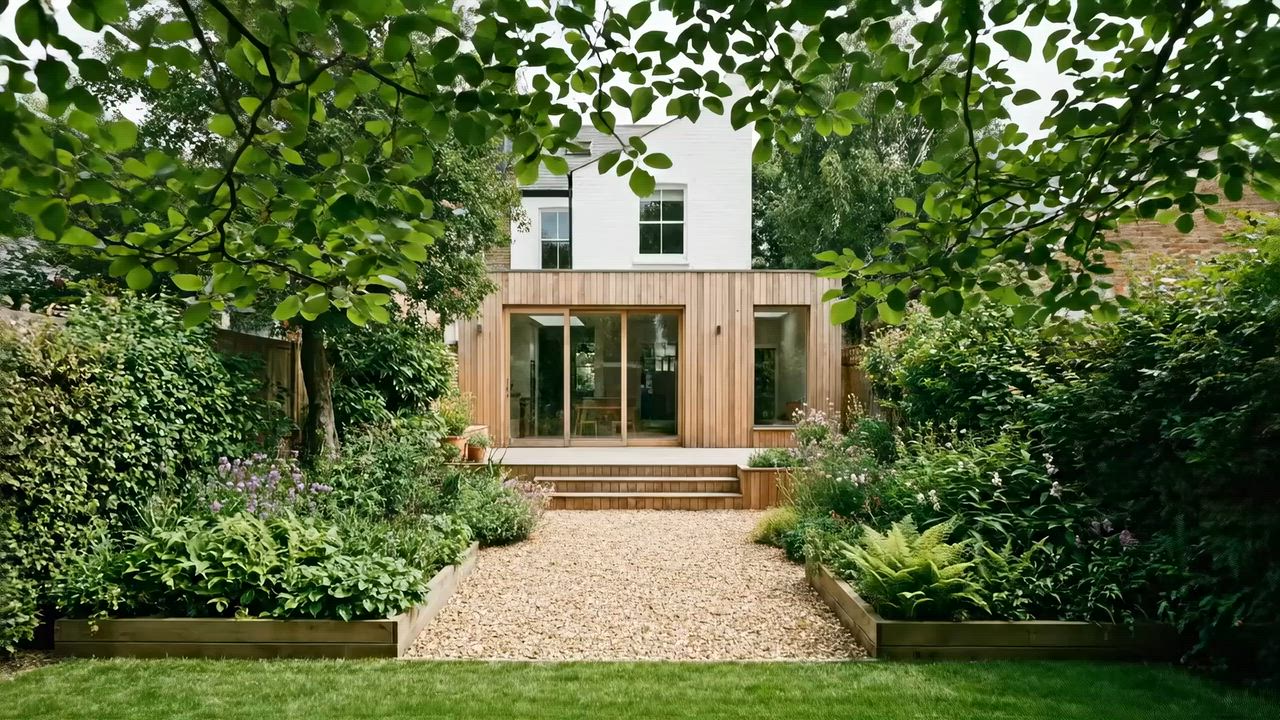 Finished timber-clad garden extension